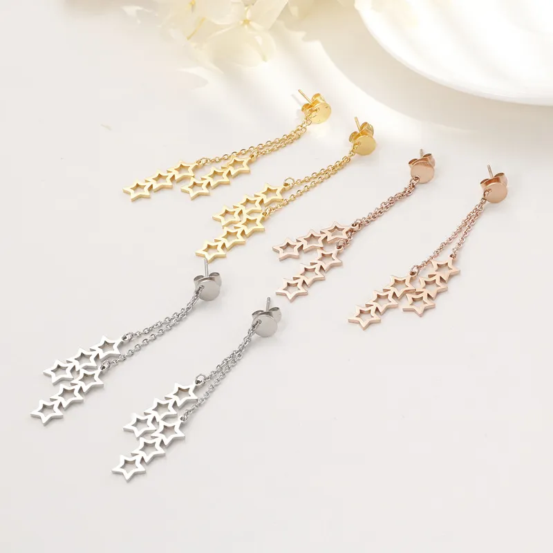 Pentagram Star Tassel Long Stainless Steel Earrings Stud