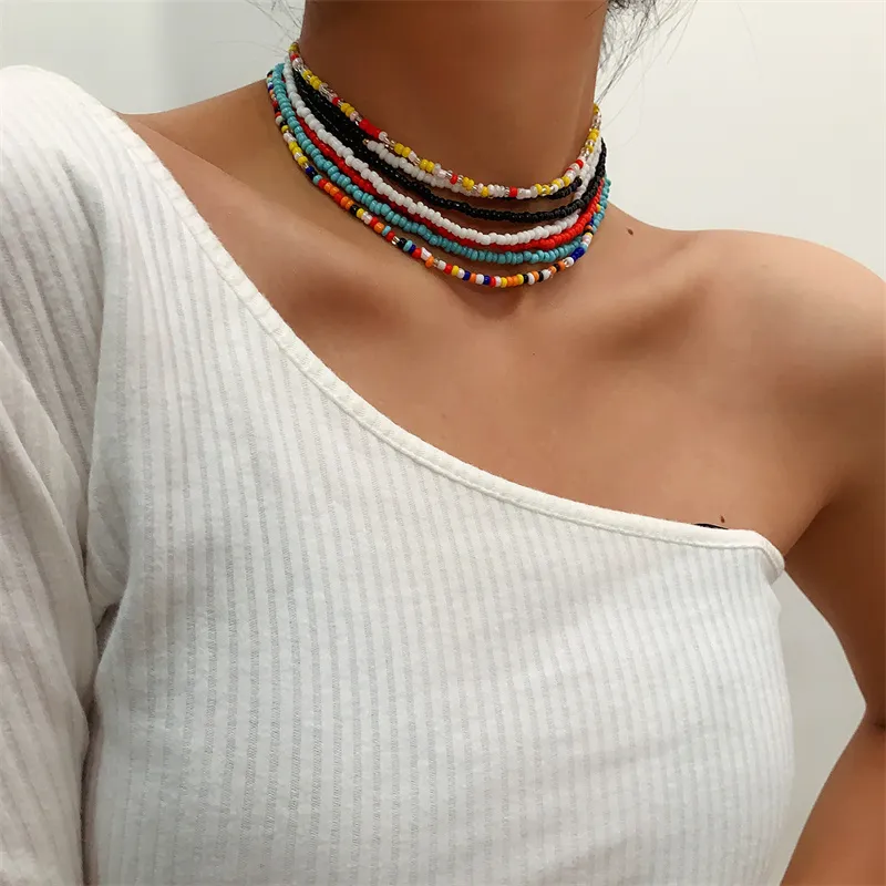 Personalized Colorful Rice Beads Clavicle Necklace New Fashion Women′s Jewelry Set Multi-Layer Bohemian Necklace for Women