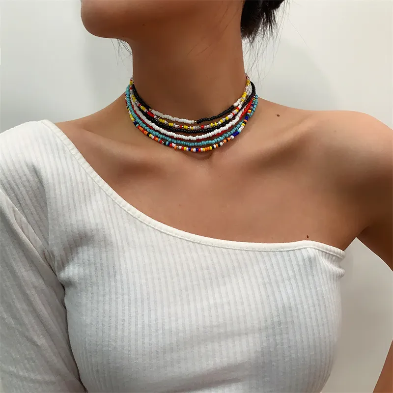 Personalized Colorful Rice Beads Clavicle Necklace New Fashion Women′s Jewelry Set Multi-Layer Bohemian Necklace for Women