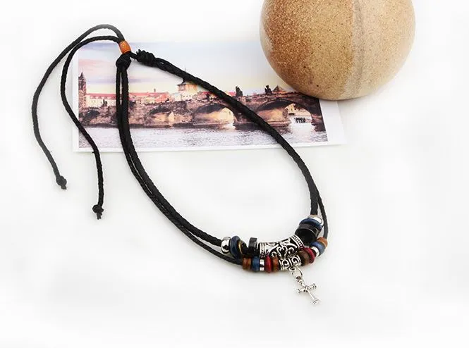 Silver Plated Alloy Cross Necklace Multilayer Cow Leather Necklace Beaded Cross Pendant Necklace for Men