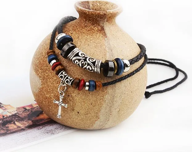 Silver Plated Alloy Cross Necklace Multilayer Cow Leather Necklace Beaded Cross Pendant Necklace for Men