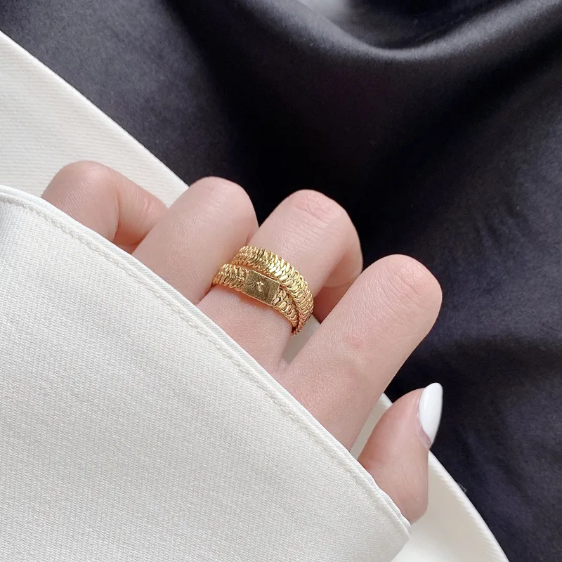 Snake Bone Chain Weave Gold Ring Double Layered Cross Geometric Rings for Women Vintage Minimalist Ring Ins Fashion