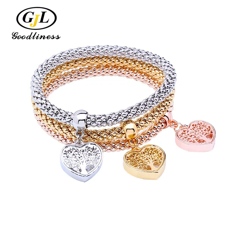 Three Colors Plating Love Heart Shape Child Pendant Character Chain Set Bracelet Jewelry