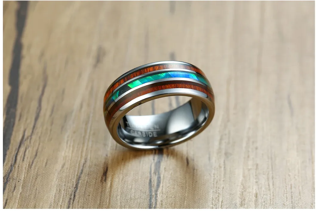 Tungsten Gold Jewelry Men’ S Fashion Ring 8mm Tungsten Steel Wood Grain Shell Ring