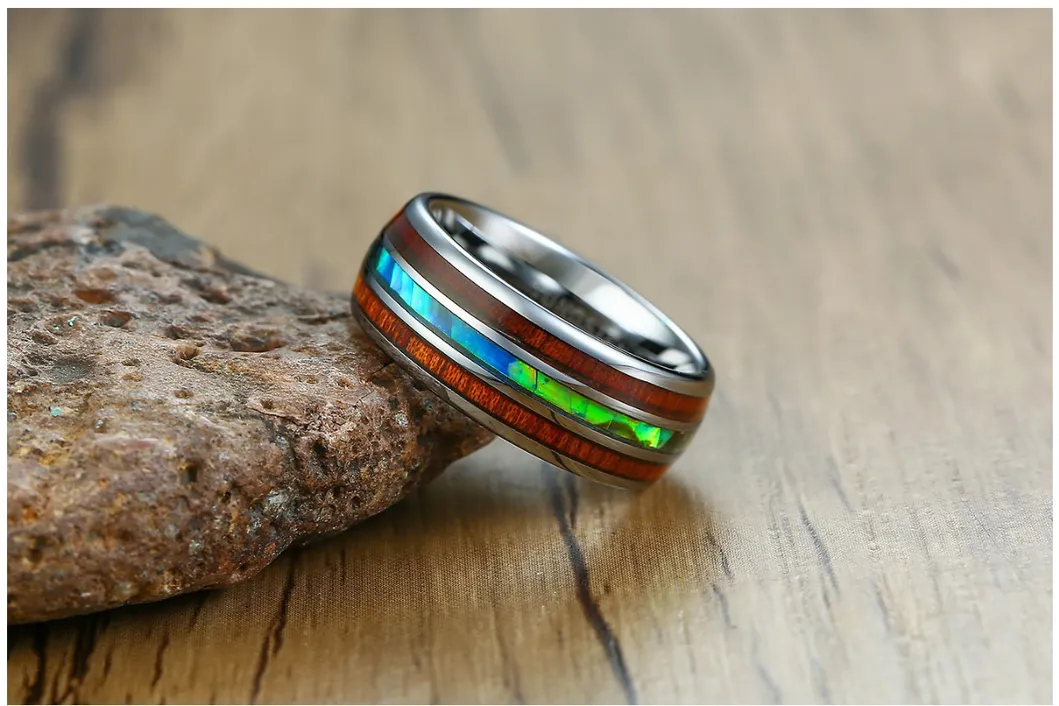Tungsten Gold Jewelry Men’ S Fashion Ring 8mm Tungsten Steel Wood Grain Shell Ring