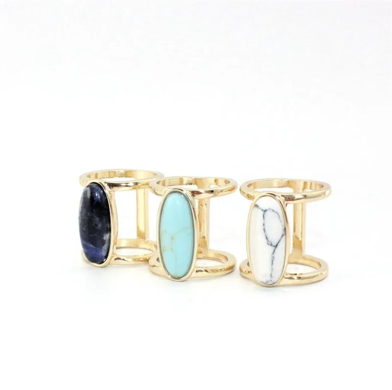 Wholesale Women Natural Turquoise Oval Big Unique Rings Gold Hip-Hop Geometric Couple Finger Rings Jewelry