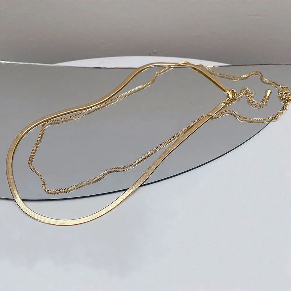 Women Simple Style Double Layers 18K Gold Plated Box Chain Clavicle Necklace Stainless Steel Flat Snake Chain Necklace