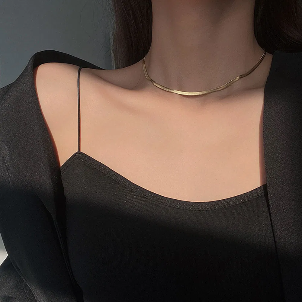 Women Simple Style Double Layers 18K Gold Plated Box Chain Clavicle Necklace Stainless Steel Flat Snake Chain Necklace