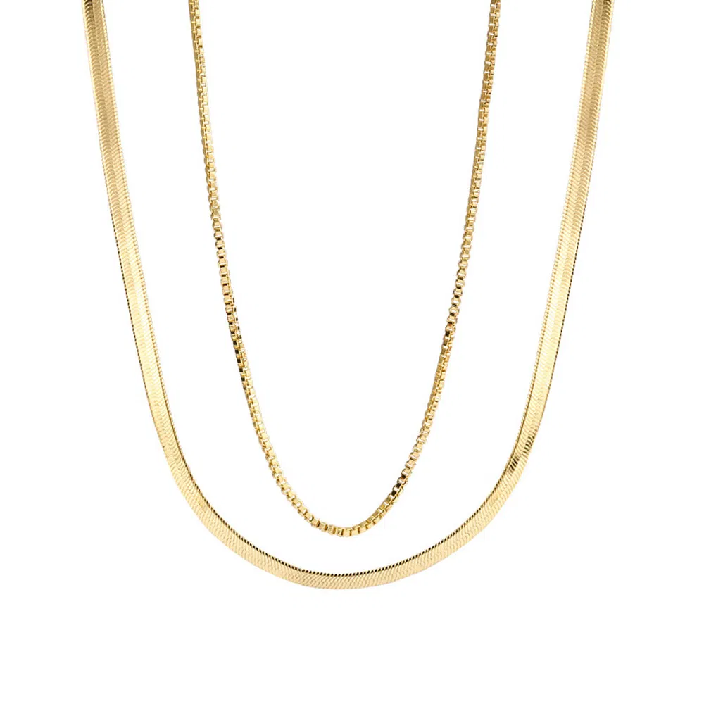 Women Simple Style Double Layers 18K Gold Plated Box Chain Clavicle Necklace Stainless Steel Flat Snake Chain Necklace