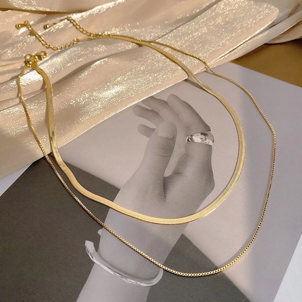 Women Simple Style Double Layers 18K Gold Plated Box Chain Clavicle Necklace Stainless Steel Flat Snake Chain Necklace