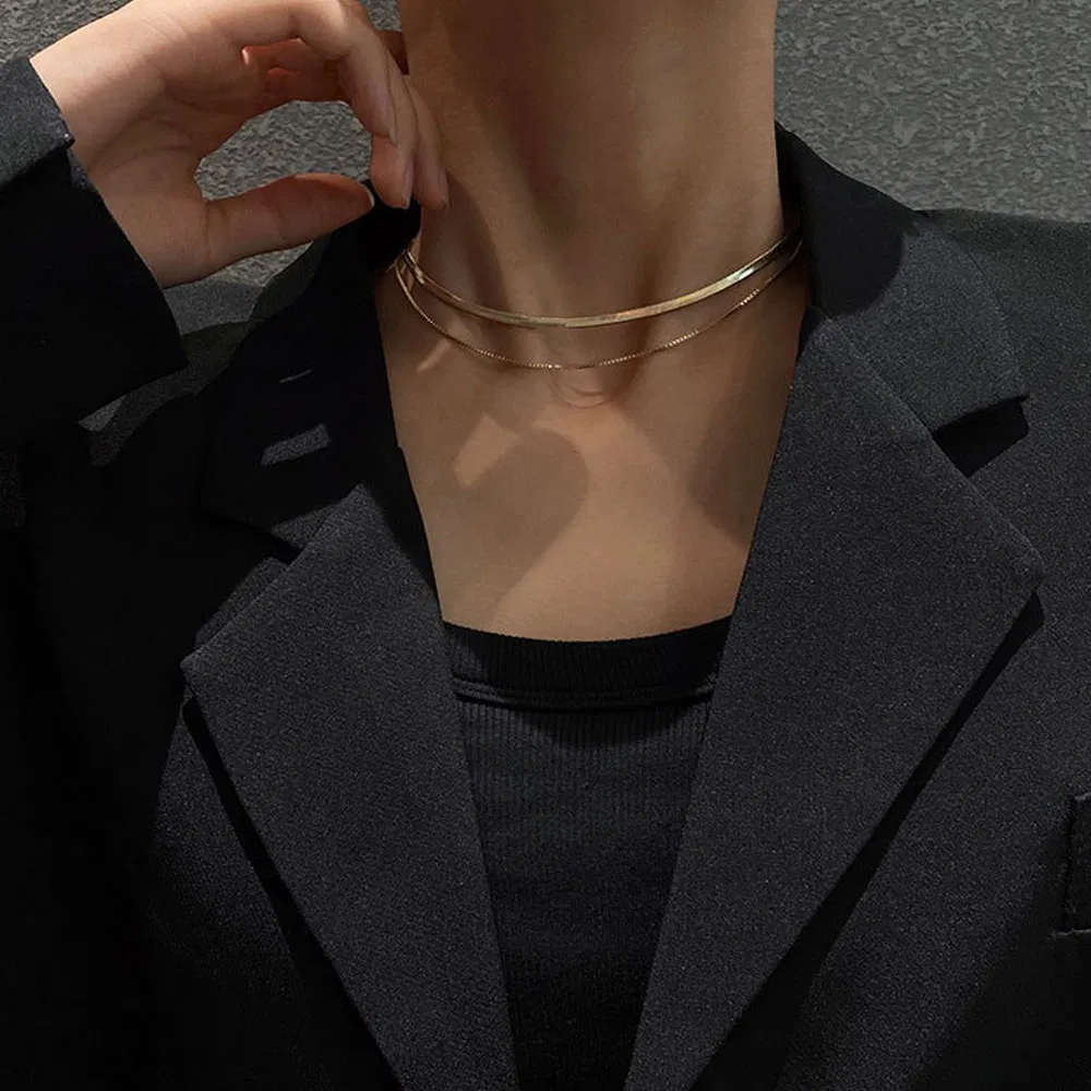 Women Simple Style Double Layers 18K Gold Plated Box Chain Clavicle Necklace Stainless Steel Flat Snake Chain Necklace