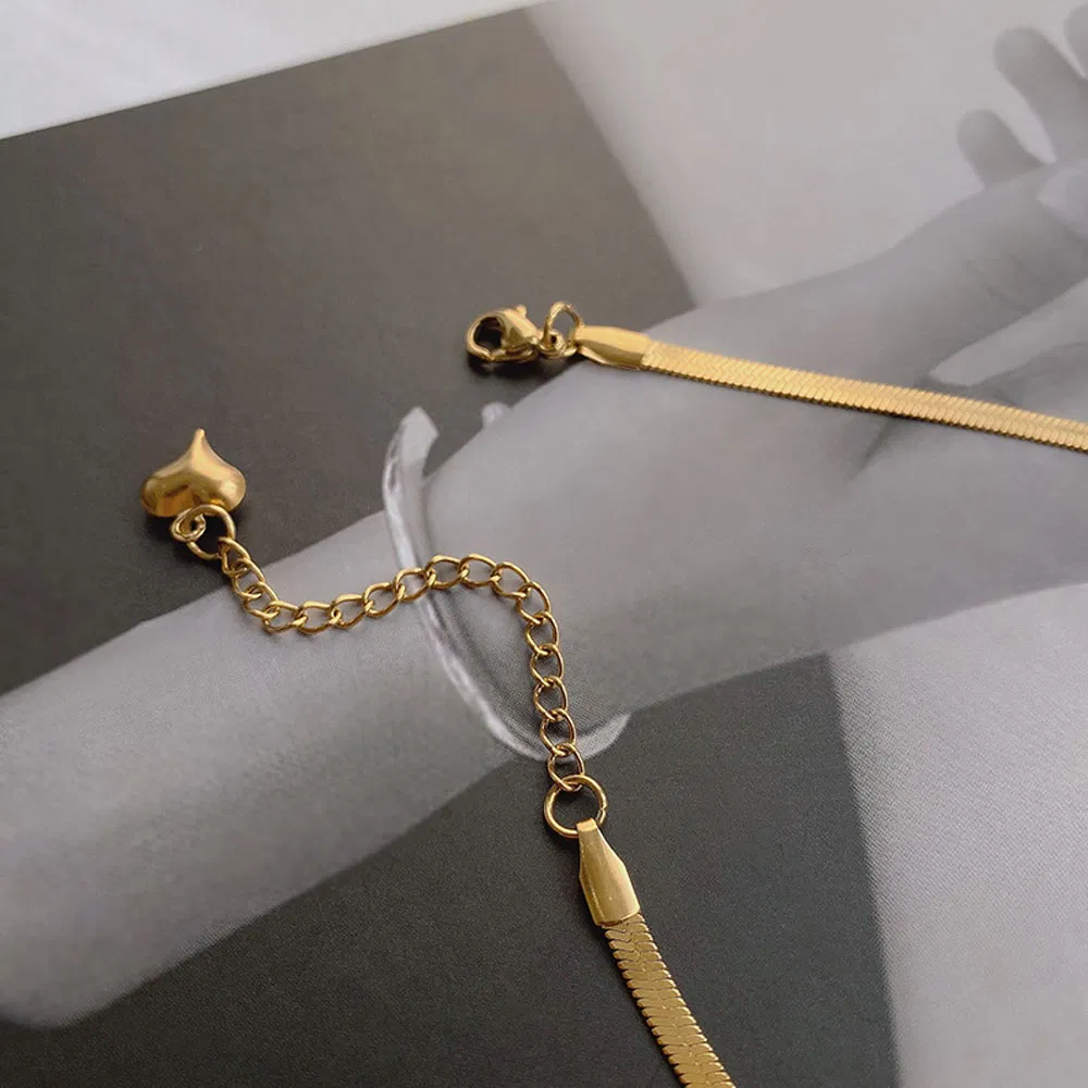 Women Simple Style Double Layers 18K Gold Plated Box Chain Clavicle Necklace Stainless Steel Flat Snake Chain Necklace